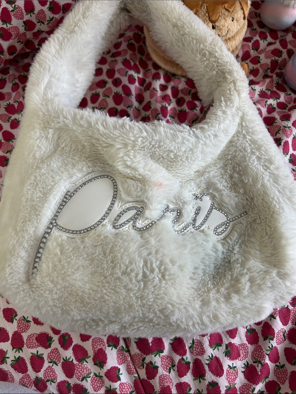 Paris Hilton White Faux Fur Logo Shoulder Bag with Rhinestones